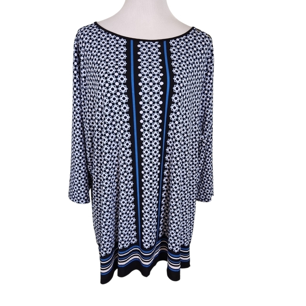Croft & Barrow Black, White & Blue Geometric Tunic, Sz 3X